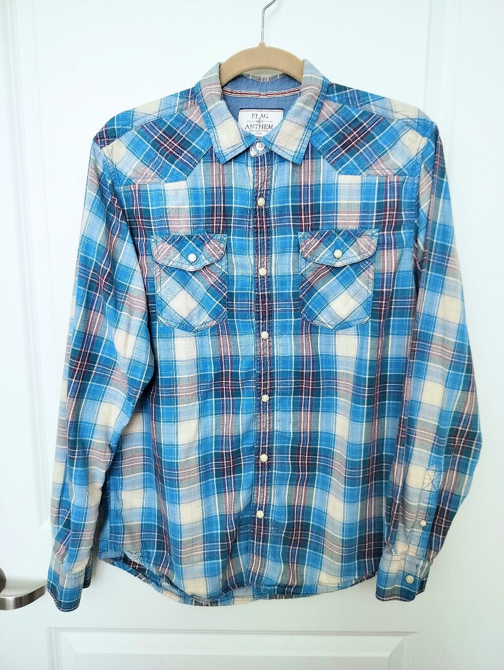 Flag & Anthem Desert Son Men's M Plaid Western Pearl Snap Shirt Blue/Cream